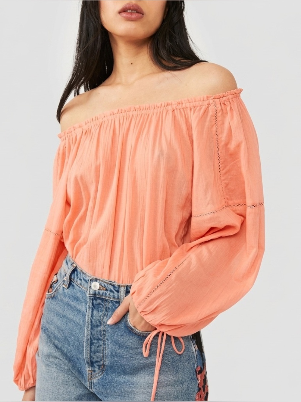 Free People Peach Sundown Balloon Sleeve Off the Shoulder Boho Bodysuit
